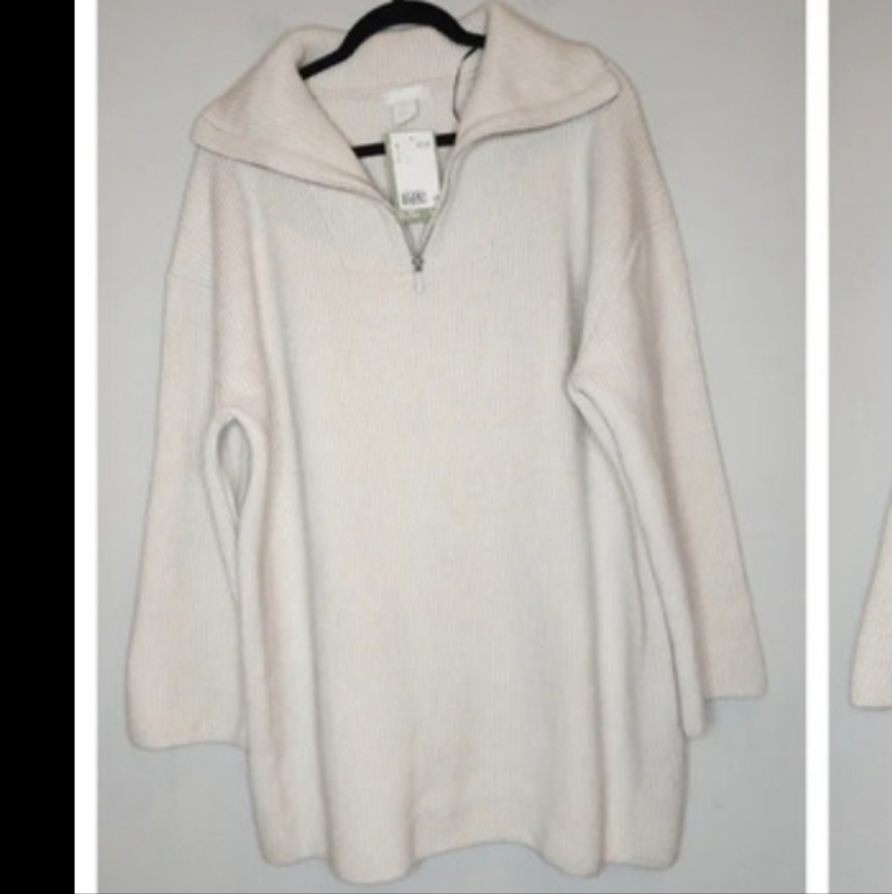 NWT H&M Wool-Blend Cream Knit Ribbed 1/4 Zip Tunic Sweater Size Large